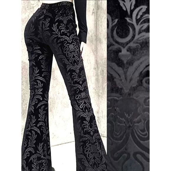 Lone Wolf Clothing Pants - NWT Large Black Velour Damask Brocade Goth Cthulhu Flares